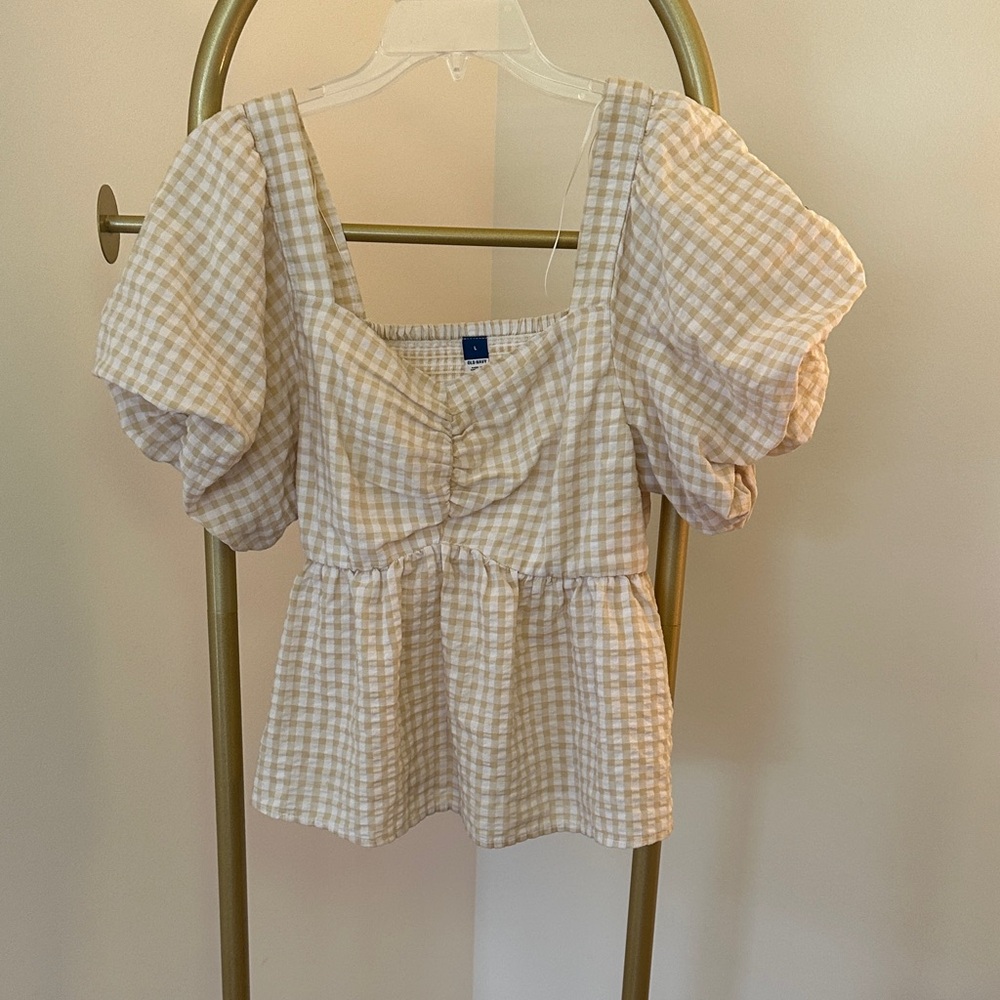 Old Navy Checkered Puff Sleeve Blouse - Cream and Tan
